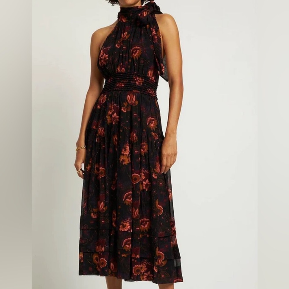 Ulla Johnson Maya Printed Silk Midi Halter Neck Dress Size 8